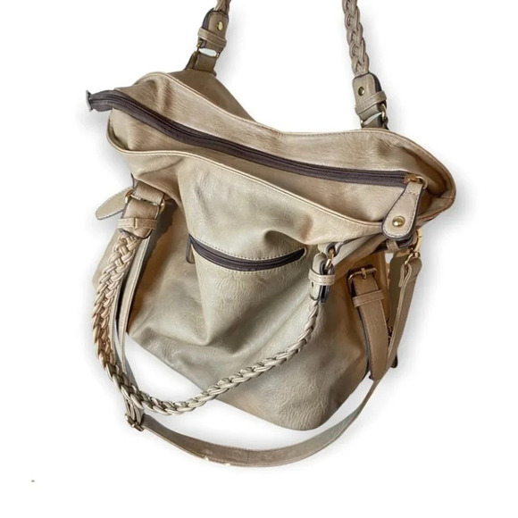 Hibou Tan Shoulder/Crossbody Bag with Braid &  Zipper Details - Picture 12 of 16